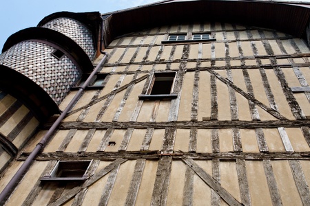 wall of medieval timber framing house in Troyes, Franceの写真素材