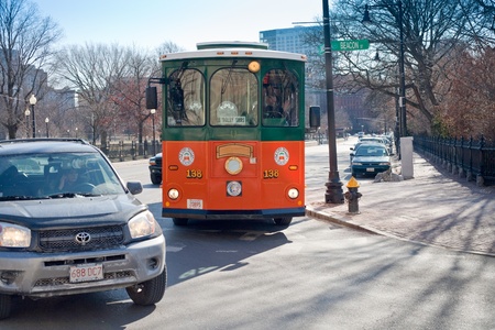 sightseeing bus on Beacon street in Boston on February 1, 2010 in Boston, USAのeditorial素材