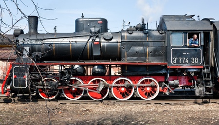 MOSCOW,RUSSIA - APRIL 24: tourist attraction - working steam locomotive on April 24? 2011 in Moscow, Russiaのeditorial素材