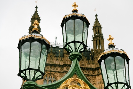 street lamps in London with Westminster Palace on backgroundの写真素材