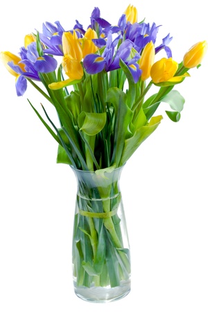glass vase with tulip and iris flowers isolated on whiteの写真素材