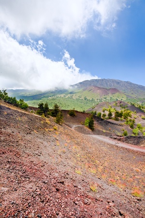 mountain path in clinker ground on volcano Etna, Sicilyの写真素材