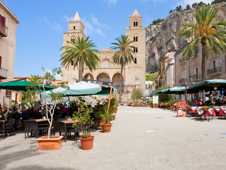 urban square near Cathedral-Basilica of Cefalu, Sicily, Italy on June 25, 2011のeditorial素材