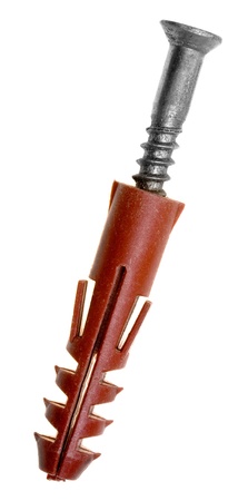 one screw with wall plug closeup isolated on whiteの写真素材