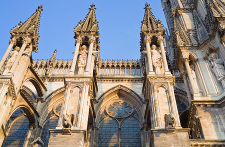 fragment of facade gothic catholic Notre Dame Cathedral in Reims, Franceの写真素材