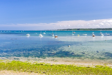boats in sea near Perros-Guirec coast, Brittany, Franceの写真素材