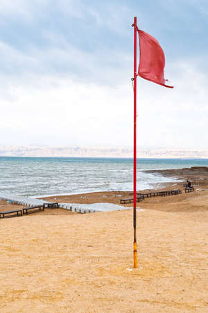sand beach of Dead Sea coast in Jordanの写真素材