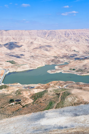 panorama valley of Wadi Al Mujib river and dam, Jordan