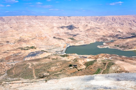panorama valley of Wadi Al Mujib river and dam, Jordanの写真素材