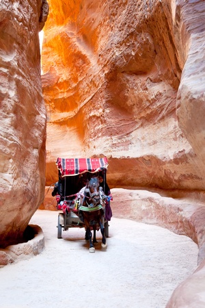 bedouin carriage in Siq passage to Petra city, Jordanのeditorial素材