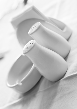 white spicery set on white tableclothの写真素材