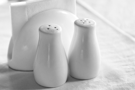 white spicery set on white tableclothの写真素材