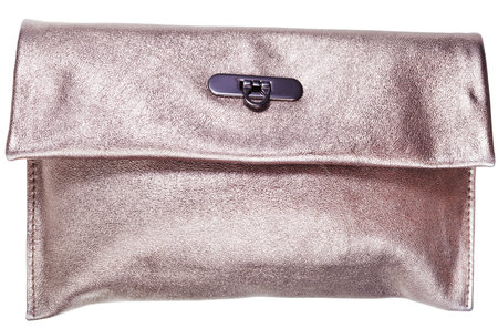 golden leather clutch bag isolated on white background