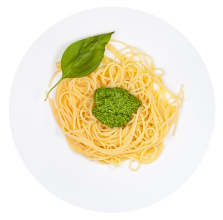 top view on spaghetti with pesto on plate isolated on white backgroundの写真素材