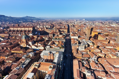 aerial bird eye view from Asinelli Tower on Strada Maggiore in Bologna, Italyの写真素材