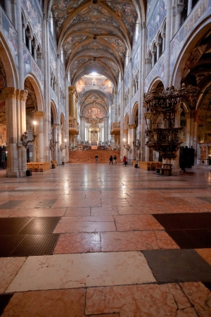 PARMA, ITALY - NOVEMBER 3: nave of Cathedral. Construction cathedral began in 1059 by bishop Cadalo (who later became the antipope Honorius II) in Parma, Italy on November 3, 2012のeditorial素材