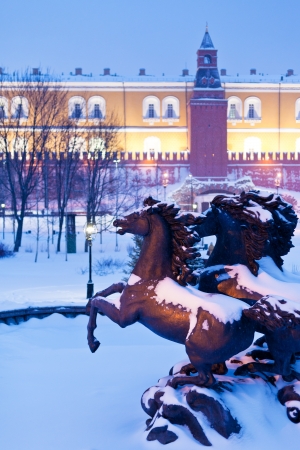 MOSCOW, RUSSIA - JANUARY 18: Fountain Four Seasons of the Year in snow. This statue was made by Zurab Tsereteli on Manege Square in 1996 in Moscow, Russia on January, 18, 2013のeditorial素材