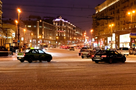 MOSCOW, RUSSIA - JANUARY 18: view of Tverskaya street from Manege Square in winter night. Tverskaya Street existed as early as the 12th century in Moscow Russia on January 18, 2013のeditorial素材