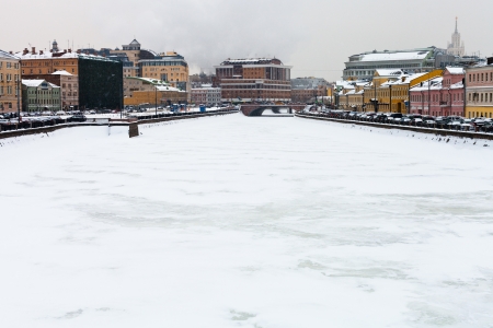 panorama of frozen river in winter Moscowの写真素材
