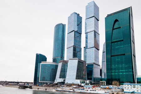 urban landscape with Moscow city office center glass skyscrapers in overcast dayの写真素材