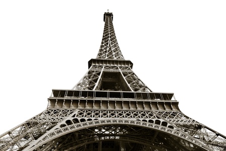 bottom view of Eiffel tower in Paris with white backgroundの写真素材