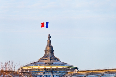 Paris, France - March 4, 2013: french flag on Great Palace in Paris in eveningのeditorial素材