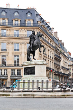 PARIS, FRANCE - MARCH 7: Place des Victoires. At center of the square is equestrian monument of...