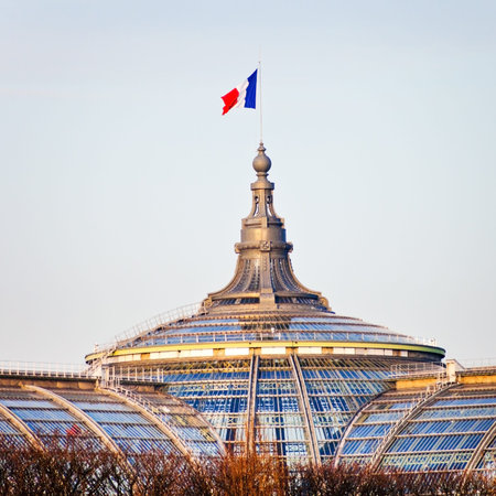 french state flag on Great Palace in Paris in eveningのeditorial素材