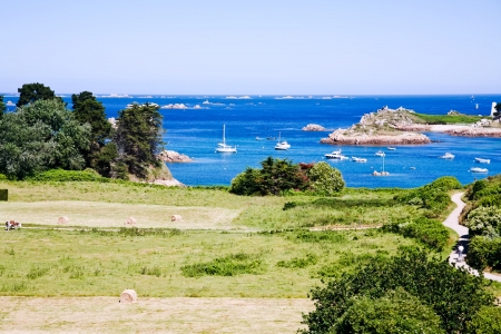 view of stone islands and Ile de Brehat in Brittany, Franceの写真素材