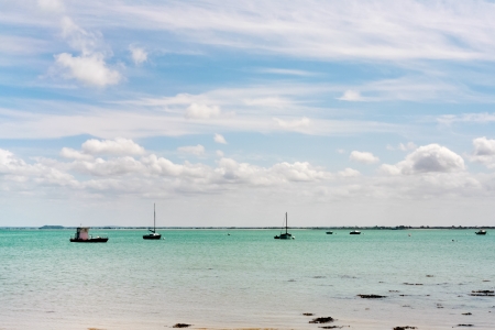 boats in sea near Cancale town ("oyster capital"), Brittany, Franceの写真素材
