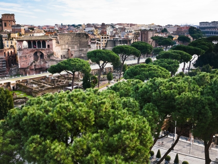 above view of Roman Forum ruins and road to Coliseumの写真素材