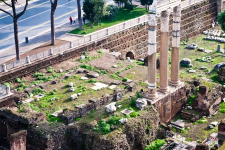 above view of columns and ruins Forum of Caesar on Capitoline Hill, Rome, Italyの写真素材