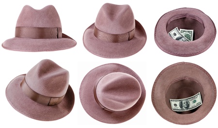 brown men felt hat fedora isolated on white backgroundの写真素材