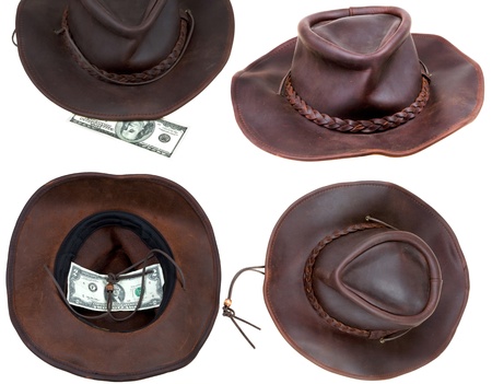Leather brown cowboy hat isolated on white backgroundの写真素材