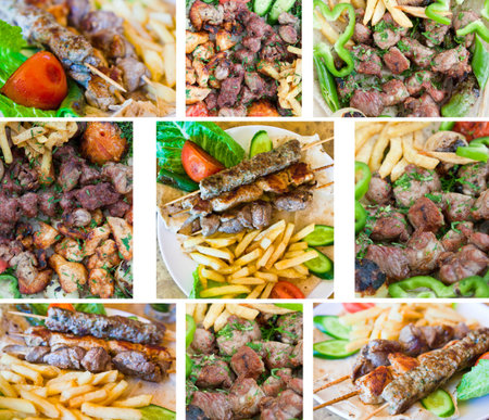 plate with arabic lamb kebab in Jordanian street restaurantの写真素材