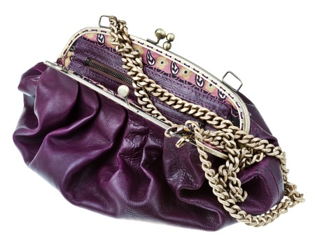 open dark cherry color leather retro style handbag isolated on white backgroundの写真素材