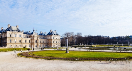 PARIS, FRANCE - MARCH 5: panorama of Luxembourg Palace and Gardens in Paris on March 5, 2013. Jardin du Luxembourg is the second largest public park in Paris with square 22.5 hectaresのeditorial素材