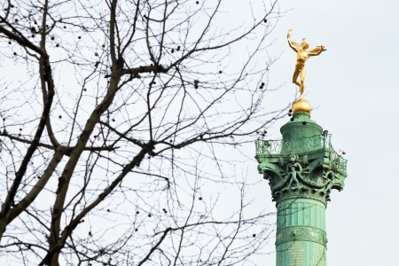 PARIS, FRANCE - MARCH 6: Statue Genie de la liberte at July Column on Place de la Bastille in Paris on March 6, 2013. On top is gallery 4.9 m wide with globe on which stands figure Genie de la Liberteのeditorial素材