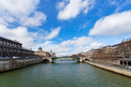 panorama of Seine river and Pont de Notre Dame in Paris in springの写真素材