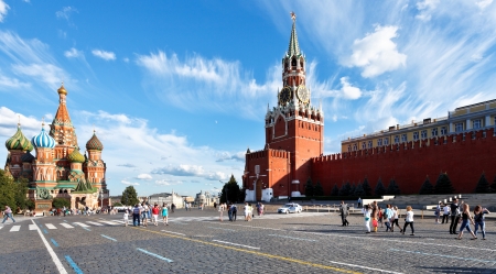 MOSCOW, RUSSIA - JULY 17: Panorama of Red Square with Saint Basil Cathedral and Spasskaya Tower in Moscow on July 17, 2013. The square got its present name Red Square in the 17th centuryのeditorial素材