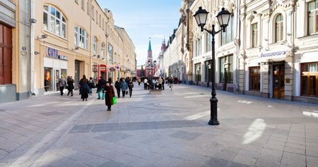 MOSCOW, RUSSIA - OCTOBER 13: panorama of Nikolskaya street in Moscow, Russia on October 13, 2013. This historic street connects Red Square and Lubyanka Square and it became pedestrian area in 2013のeditorial素材