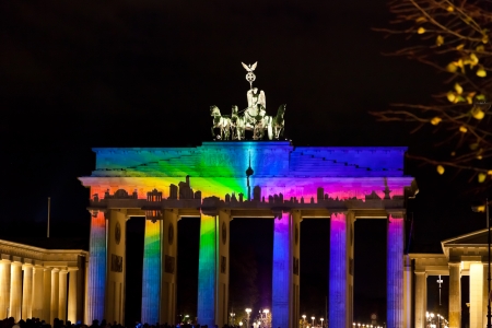 BERLIN, GERMANY - OCTOBER 17  Festival of lights and Brandenburg gate in Berlin, Germany on October 17, 2013  FESTIVAL OF LIGHTS is one of the large illumination festivals in the world since 2005のeditorial素材
