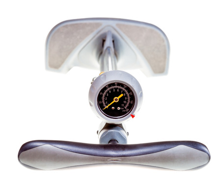 top view of manual air pump with manometer isolated on white backgroundの写真素材