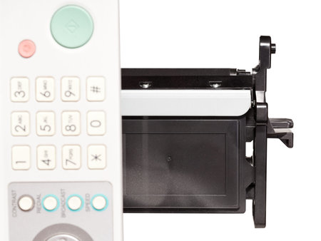 top view of inserting toner cartridge in office copier close up