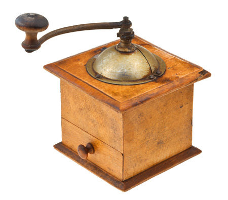 vintage coffee mill isolated on white backgroundの写真素材