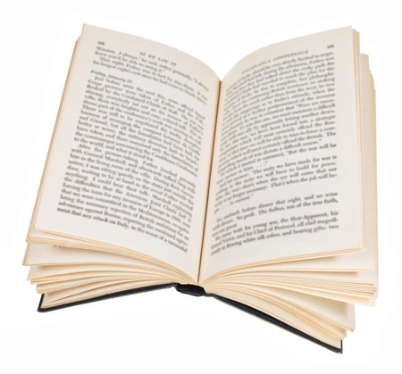 above view of open book with blur font isolated on white background