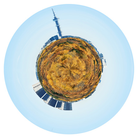 little planet - spherical planet with yellow autumn forest and urban houses and TV tower isolated on white backgroundのeditorial素材