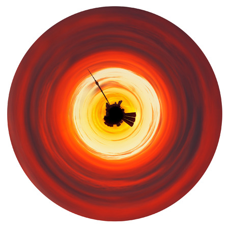 little planet - red yellow sunrise on little urban planet isolated on white backgroundのeditorial素材