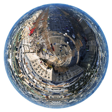 little planet - urban spherical view of Avenues des Champs Elysees in Paris, France isolated on...