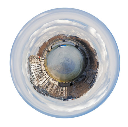little planet - urban spherical panorama of Paris with view of Seine river and Pont Louis-Philippe...